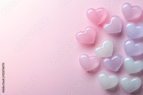 pastel pink gradient transitions softly into white with small cluster of translucent hearts in one corner surrounded