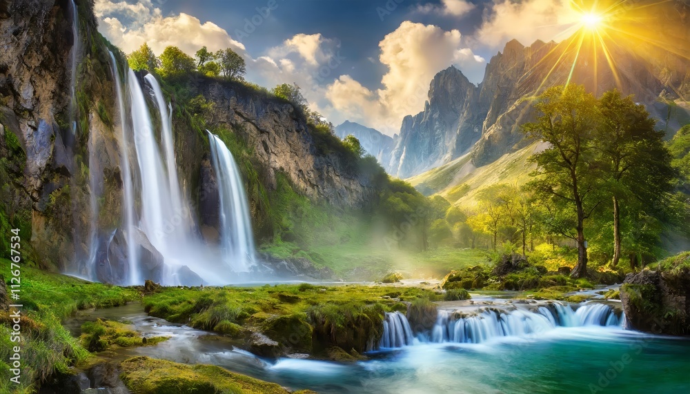 Breathtaking Fantasy Landscape with Majestic Waterfalls and Lush Greenery A Stunning Panorama of Natures Wonders, Where Enchantment Meets Serene Beauty in a Dreamlike Setting. Breathtaking Fantasy Landscape with Majestic Waterfalls and Lush Greenery A Stunning Panorama of Natures Wonders, Where Enchantment Meets Serene Beauty in a Dreamlike Setting.