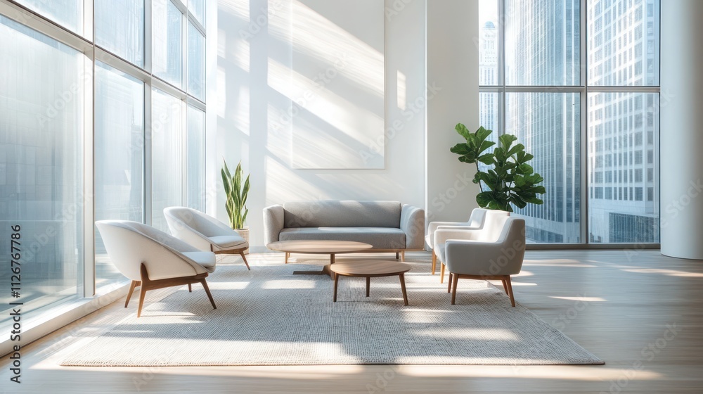 modern living room with sleek furniture and large windows neatly arranged and clean white