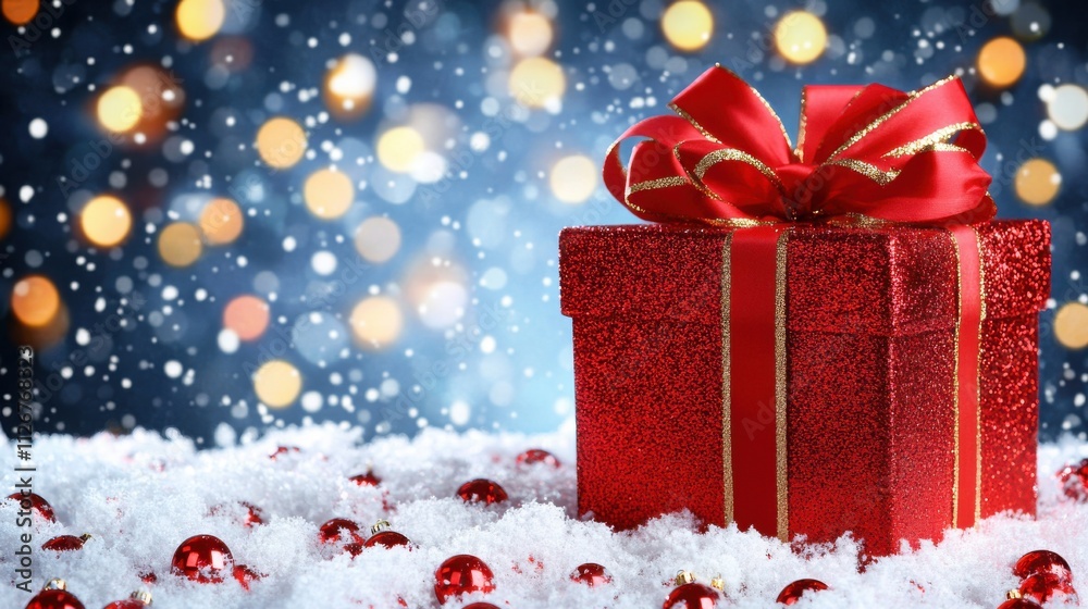 A photostock of a red gift box on a snowy path, with holiday lights in the background Christmas Christmas Holiday New Year A photostock of a red gift box on a snowy path, with holiday lights in the background Christmas Christmas Holiday New Year