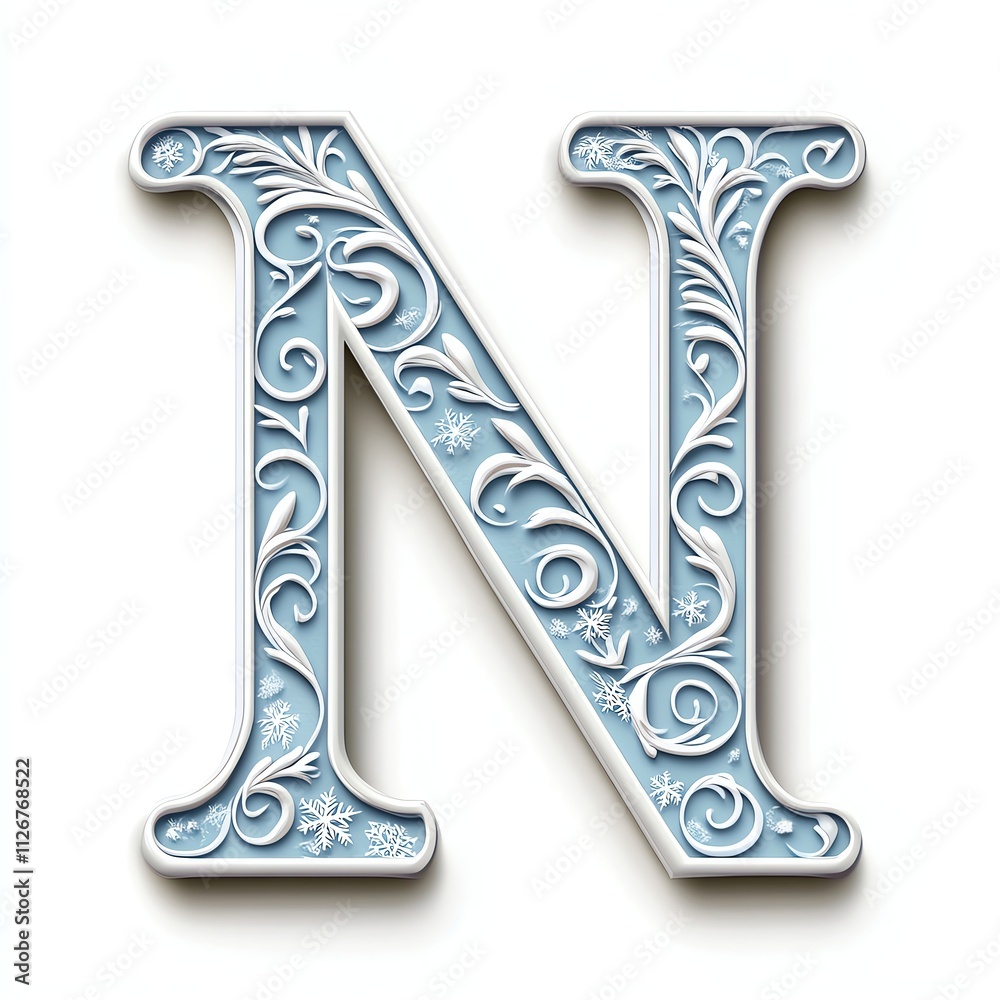 N is styled in a pastel winter theme, adorned with delicate snowy textures, swirling frost details, and glistening icicle embellishments The composition is bright, and dynamic. N is styled in a pastel winter theme, adorned with delicate snowy textures, swirling frost details, and glistening icicle embellishments The composition is bright, and dynamic.