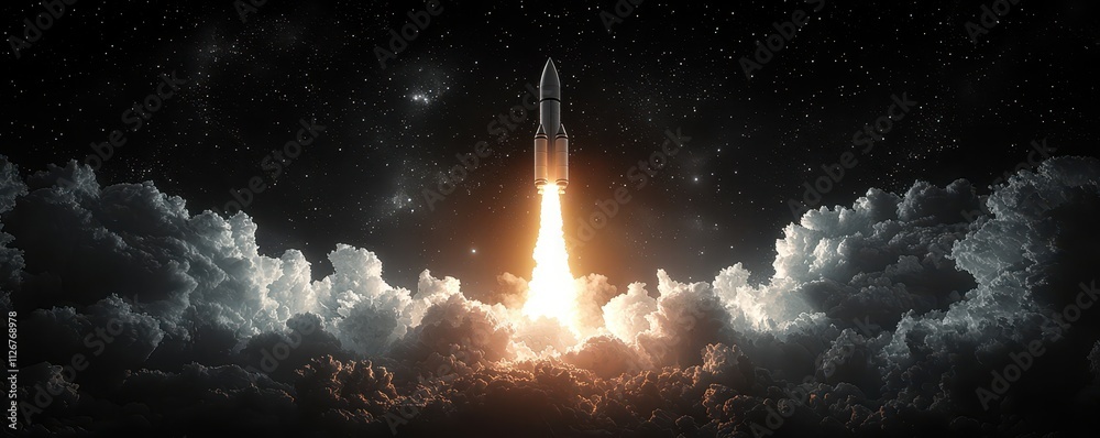 Obraz premium A rocket launches through clouds, illuminating the dark sky with flames, symbolizing the quest for exploration and the wonders of space.