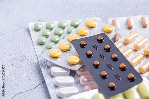 Variety of medicines and drugs.Medicine and healthcare concept.Variety of medicines and drugs.Medicine and healthcare concept.Pill for the prescription and treatment various diseases chemistry