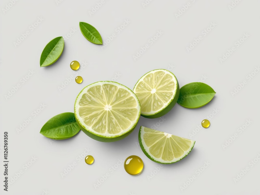 3d realistic vector set of lime elements including whole lime, sliced lime, lime drop, lime oil, and leaves, sliced, realistic 3d realistic vector set of lime elements including whole lime, sliced lime, lime drop, lime oil, and leaves, sliced, realistic