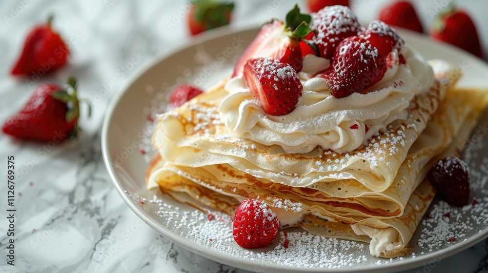 Fluffy crepes brimming with velvety ricotta, garnished with vibrant strawberries on a refined marble table Fluffy crepes brimming with velvety ricotta, garnished with vibrant strawberries on a refined marble table