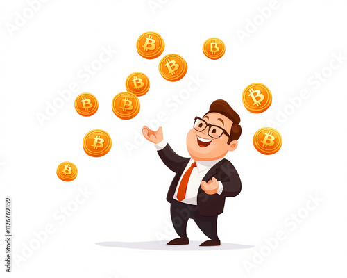 A joyful businessman skillfully juggles Bitcoin coins in a vibrant digital marketplace showcasing the excitement of cryptocurrency. On white background