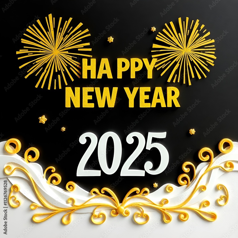 Fototapeta premium Happy New Year 2025 text with fireworks decoration