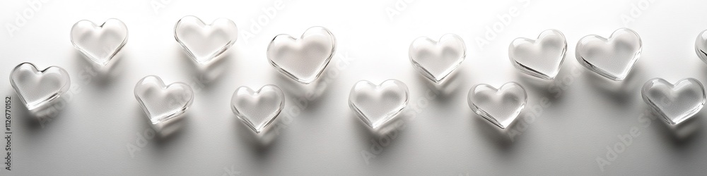 Fototapeta premium scattering of small translucent hearts lies neatly on blank white background softly illuminated with subtle shadows
