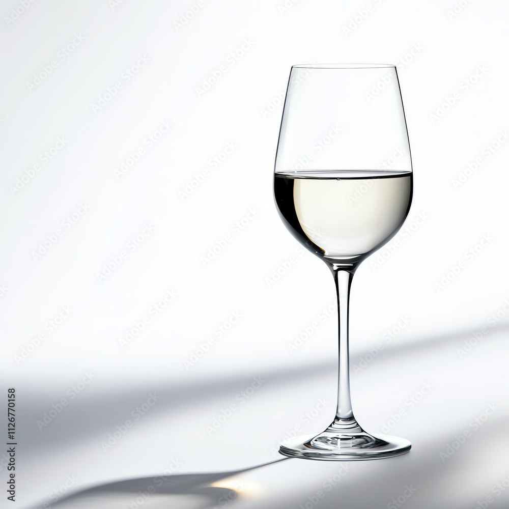 Elegant white wine glass with a transparent liquid, minimalistic background. Elegant white wine glass with a transparent liquid, minimalistic background.