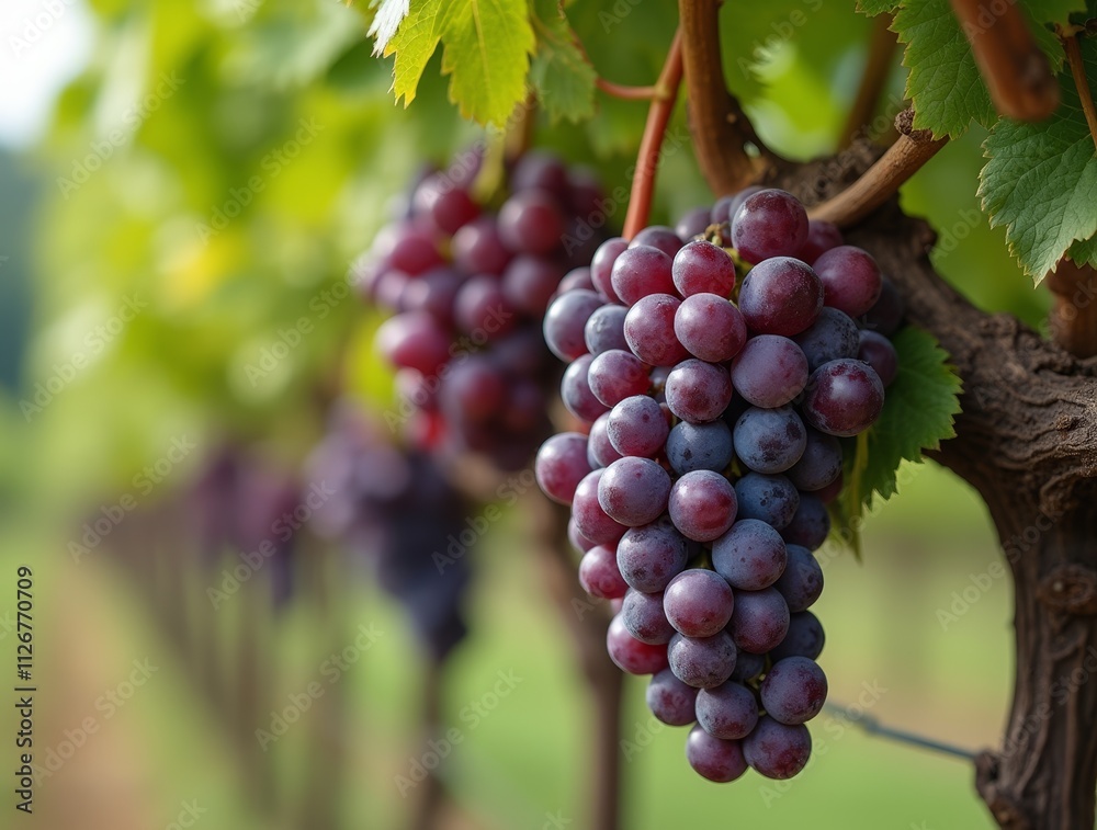 Ripe, juicy grapes hanging from a vine in a vineyard Ripe, juicy grapes hanging from a vine in a vineyard