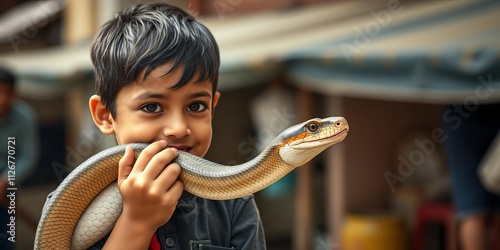 A charming young boy with a playful smile holds a pipe while a slithering snake wraps around his arm, cute, pipe photo