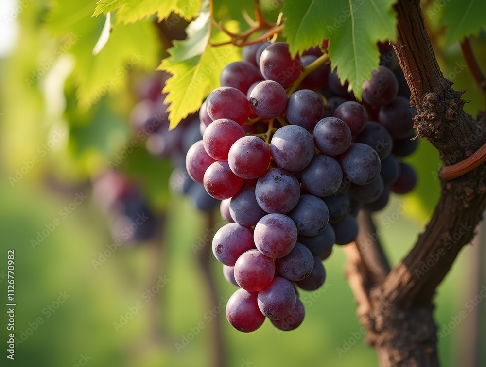 Ripe, juicy grapes hanging from a vine in a vineyard