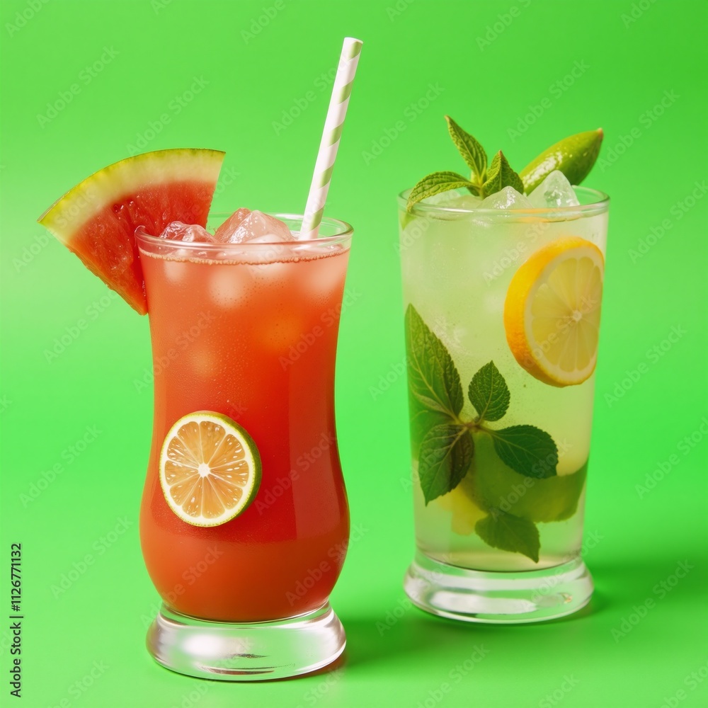 Refreshing watermelon-based cocktail margarita or mojito served against a vibrant green background complete with slices of melon and lime crushed ice and fragrant mint garnish Refreshing watermelon-based cocktail margarita or mojito served against a vibrant green background complete with slices of melon and lime crushed ice and fragrant mint garnish