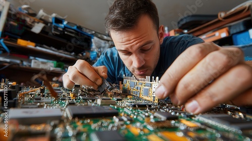 Recycling technician removing precious metals from circuit boards, showcasing the value of recycling electronic components, [Electrical recycling], [metal recovery from e-waste] photo