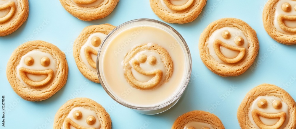 A milk drink surrounded by cookies shaped like smiling faces A milk drink surrounded by cookies shaped like smiling faces