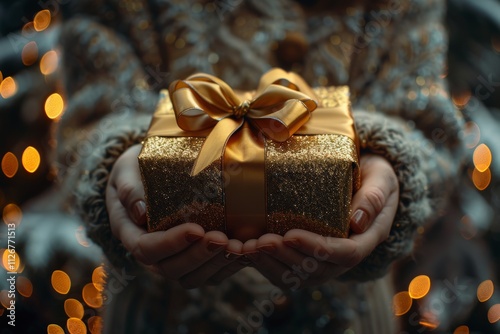 Cozy Winter Scene Featuring Hands Holding a Sparkling Gold Gift Box with Ribbon and Festive Bokeh Lights in the Backgroundgift