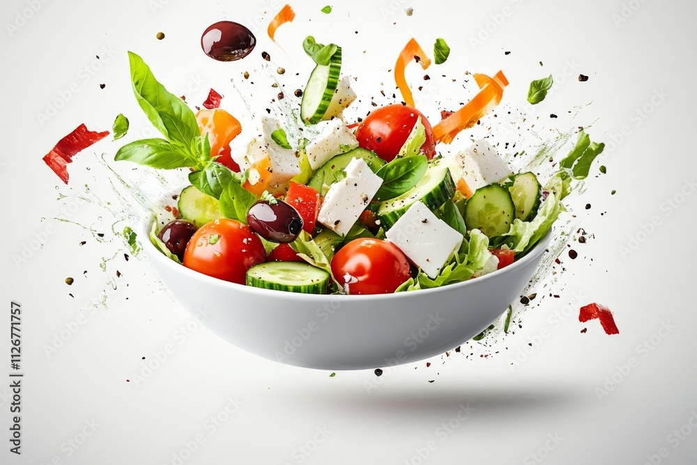 creates image of fresh Greek salad ingredients falling into bowl on white background creates image of fresh Greek salad ingredients falling into bowl on white background