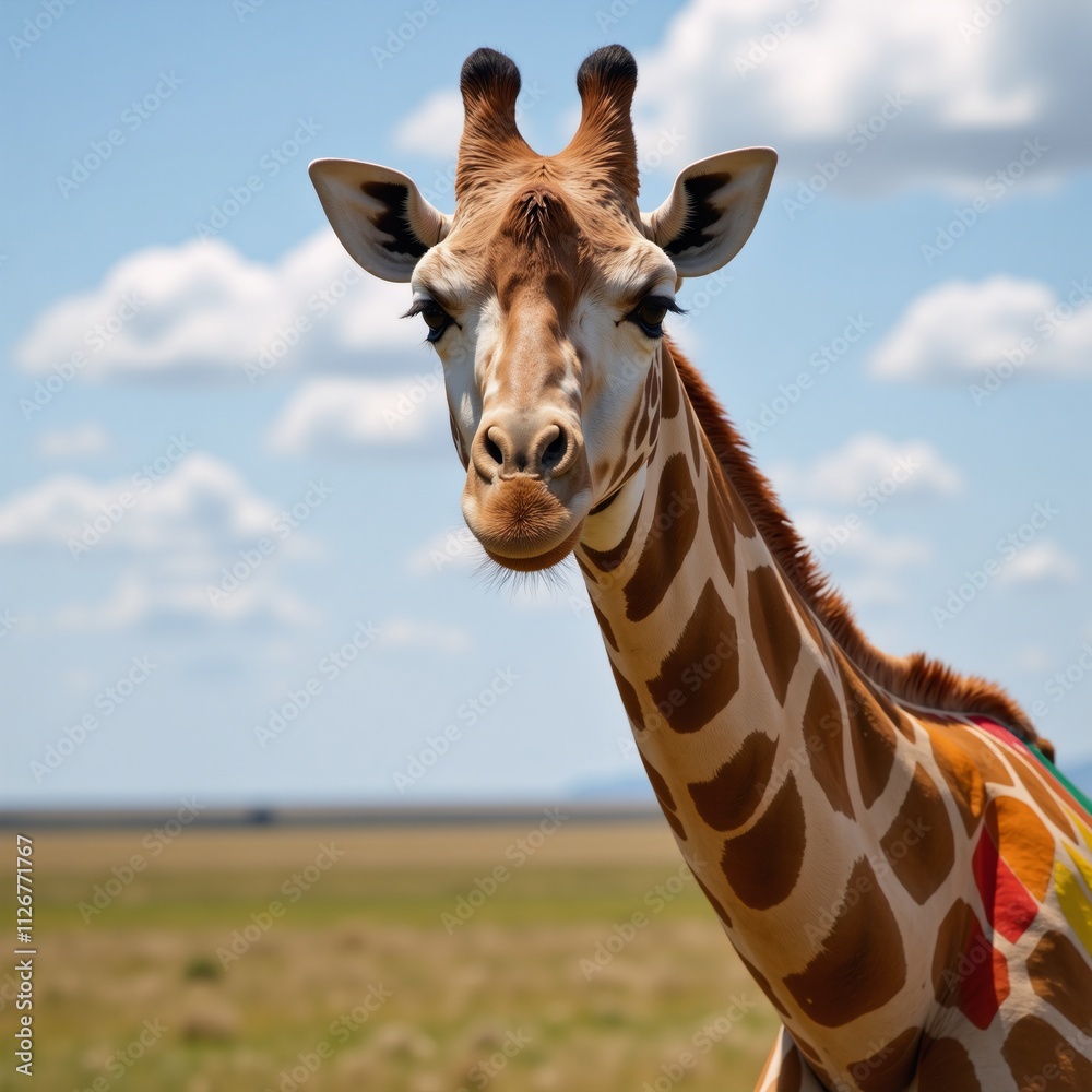 Fototapeta premium A giraffe adorned with colors of the Rainbow Pride Flag LGBT