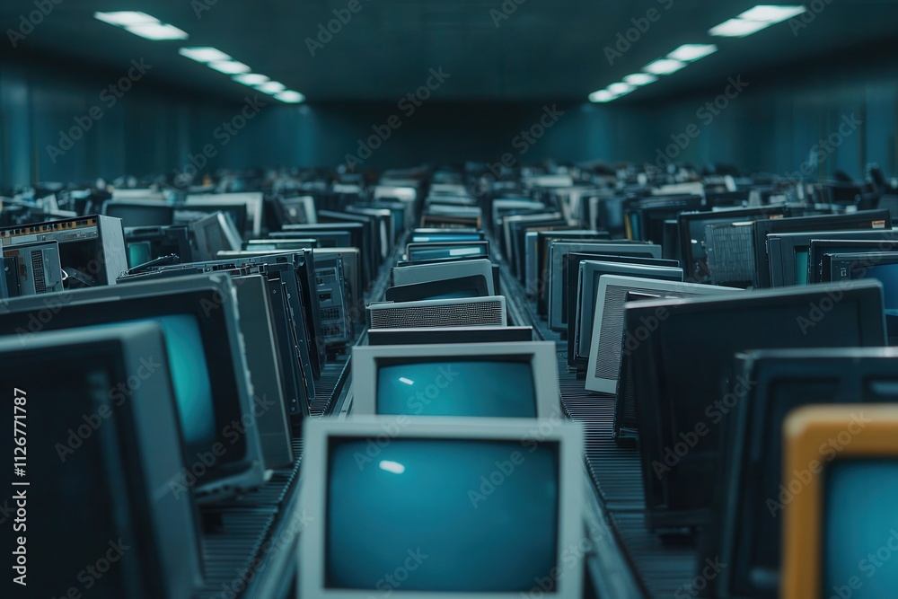 Fototapeta premium Recycling plant conveyor belt with old electronics being sorted, showcasing a high-tech approach to recycling electrical waste, [Electrical recycling], [high-tech recycling plant]