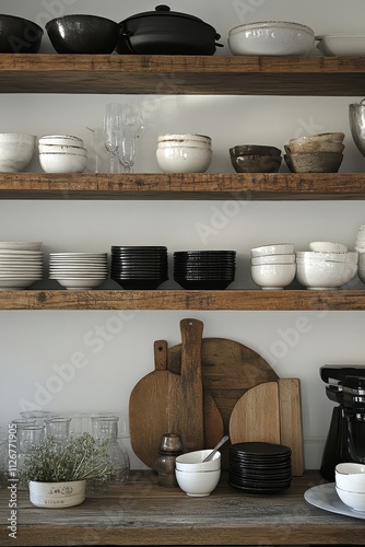 Rustic Kitchen Shelves with Assorted Cookware and Dishware