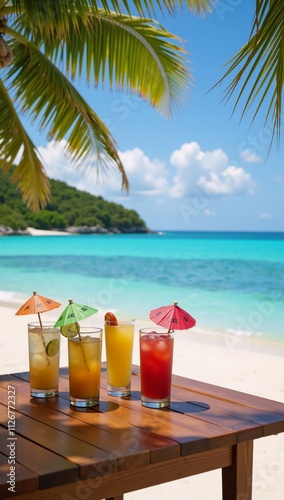 A tropical cocktail paradise featuring sandy beach azure sea and colorful drinks with umbrellas