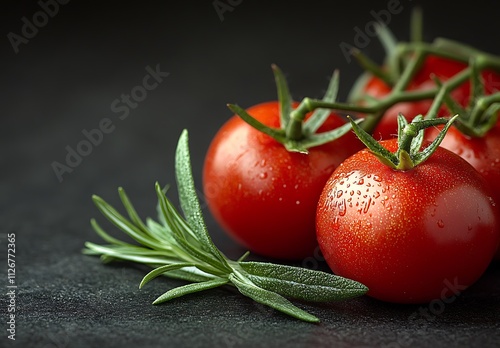 Fresh Tomatoes and Rosemary on Dark Background