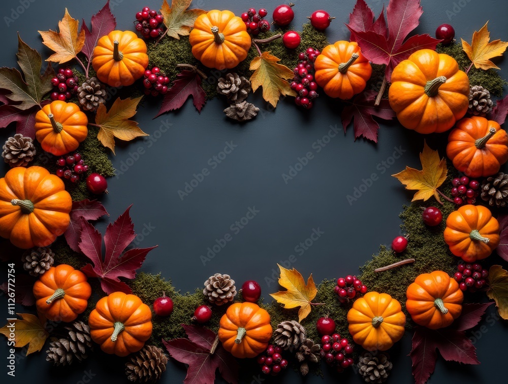 Fototapeta premium Autumnal Frame with Pumpkins, Berries, Leaves, and Pinecones on a Dark Background.
