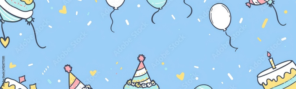 custom made wallpaper toronto digitalvector line art background with birthday elements, balloons and cake, birthday hat and party horn decoration on light blue color