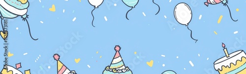 Wallpaper Mural vector line art background with birthday elements, balloons and cake, birthday hat and party horn decoration on light blue color Torontodigital.ca