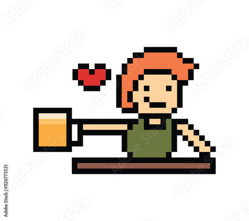 Cute pixel cartoon 8bit character man drink beer alcohol party lifestyle decoration life style 8 bit male boy drinking beer hangout isolated PNG vector.