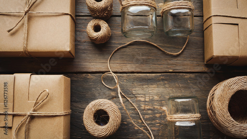 A flat lay of eco-friendly packaging, including kraft paper boxes, twine, and glass jars, arranged neatly on a rustic wooden surface with a soft, natural light.