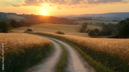 Golden Sunset Over Rolling Hills And Country Road