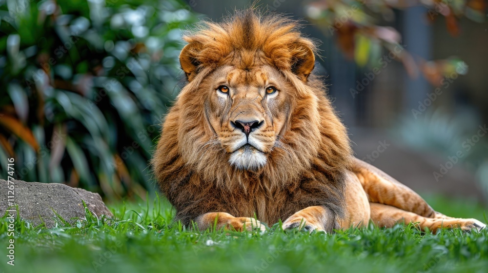 Naklejka premium Majestic male lion resting on green grass, intense gaze.