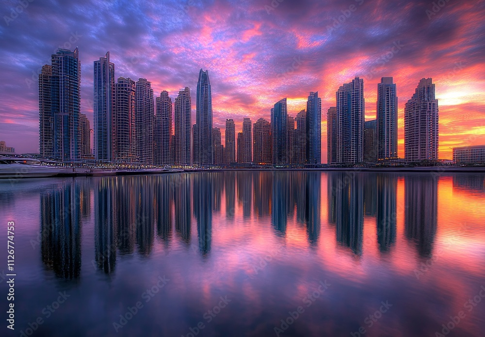 Obraz premium Dubai Skyline at Sunset: A Breathtaking Cityscape Reflection