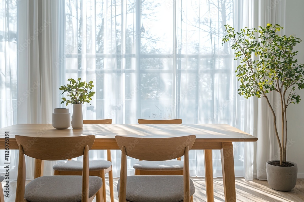 A mid century modern interior in a dining room with a wooden dining table and chairs. Generative AI
A mid century modern interior in a dining room with a wooden dining table and chairs. Generative AI