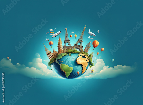 Iconic landmarks from around the world adorn a miniature Earth, surrounded by airplanes and hot air balloons, symbolizing global travel and adventure.  A whimsical illustration perfect for wanderlust.