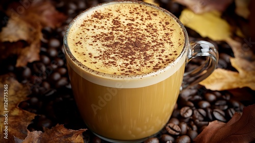 A Glass of Coffee with Cocoa Powder Autumn Leaves