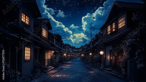 night street in the city, A background image of an anime-style street with houses and a blue sky, at night. The left side is dark black, while the right half features warm lighting from lanterns on on photo