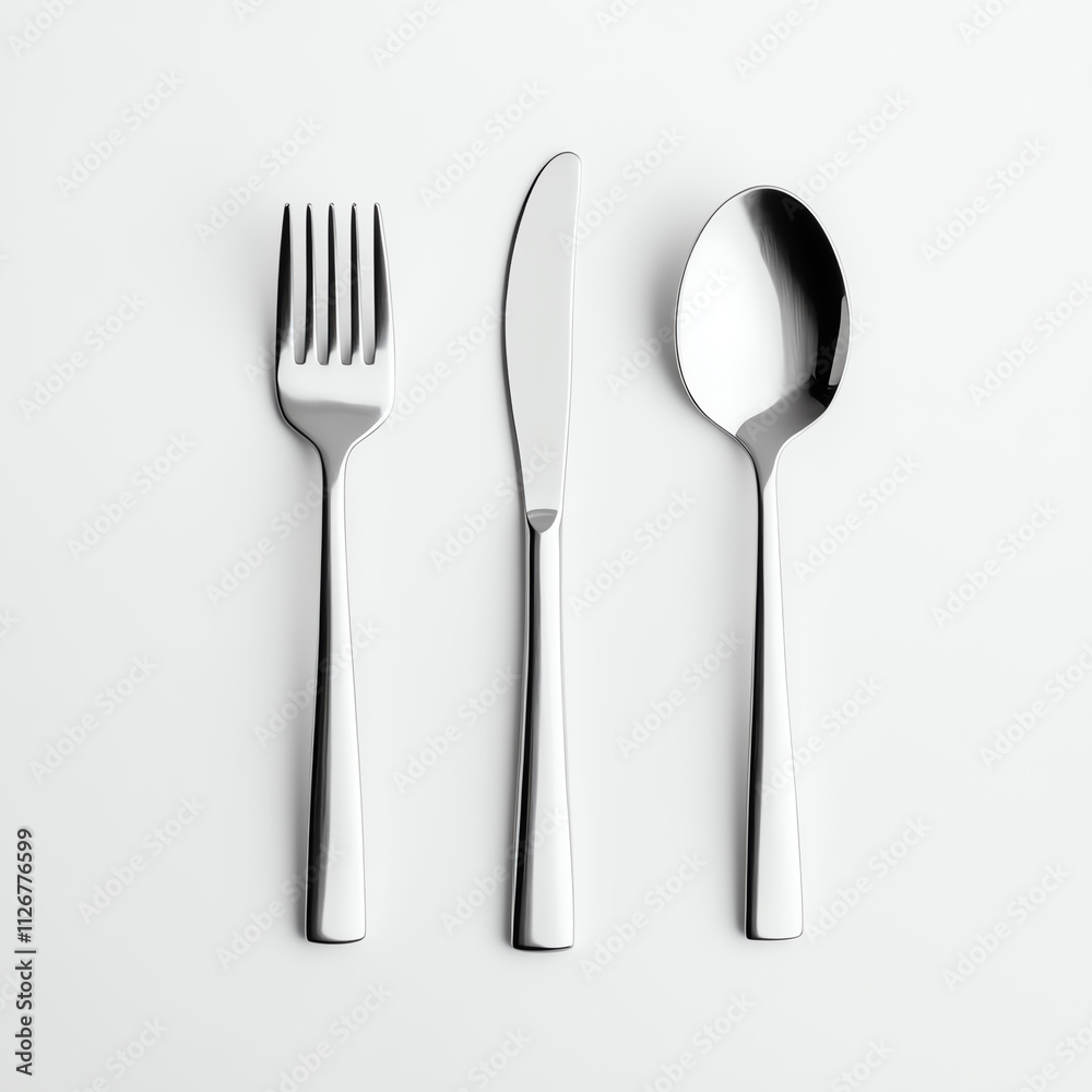 Minimalist silver cutlery set including fork, knife, and spoon on a white background. Minimalist silver cutlery set including fork, knife, and spoon on a white background.