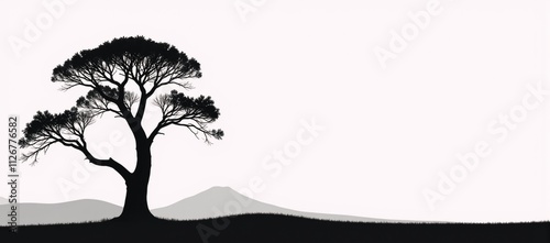 Black tree silhouette stands out against a pure white background photo