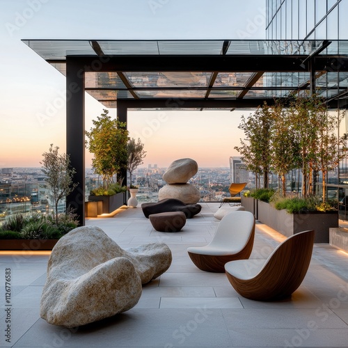 Modern rooftop with a glass canopy, designer chairs, and abstract sculptures, offering a sophisticated environment for relaxation, [Modern rooftop], [high-end outdoor design] photo