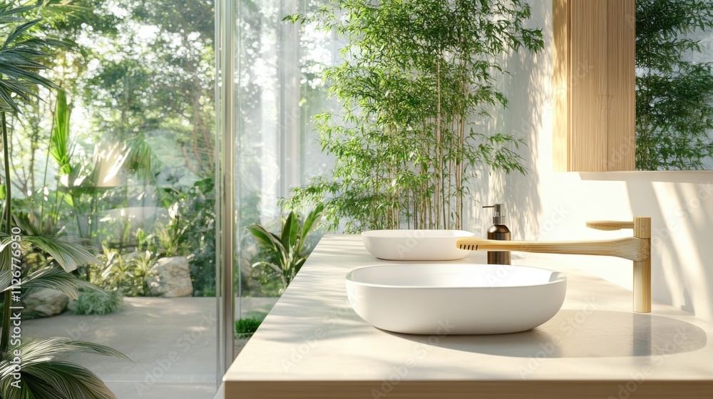 Fototapeta premium Modern bathroom design featuring natural elements tranquil space interior decor bright environment serene viewpoint eco-friendly concept