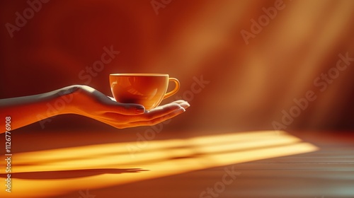 Serene Morning Light Gently Illuminates a Hand Holding a Warm Cup of Coffee in a Peaceful and Tranquil Setting for Relaxation