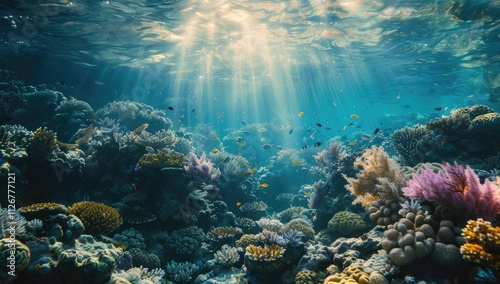 A serene underwater scene with coral reefs and sunlight filtering through the water, creating an atmosphere of tranquility and beauty