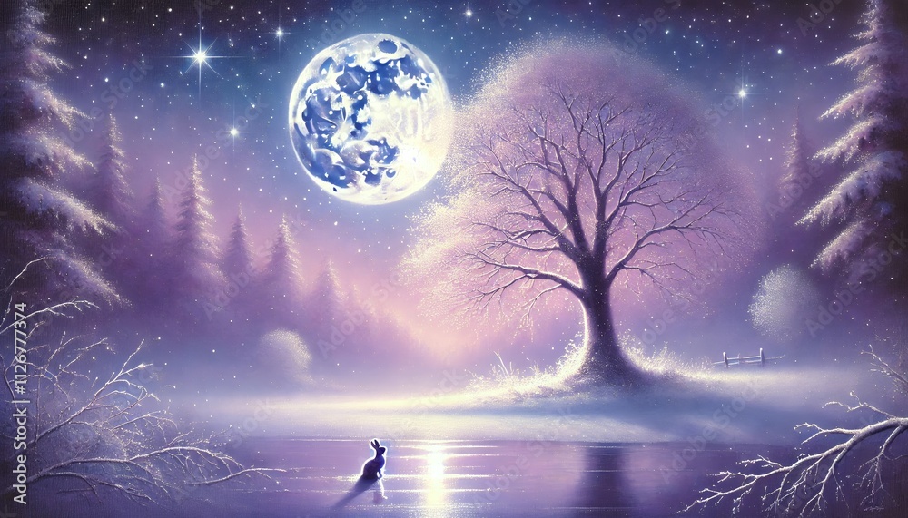 A Solitary Rabbit Under the Glow of a Purple Moonlit Winter Sky, Sitting Beside a Frozen Stream Surrounded by Frosted Trees and a Majestic Tree A Solitary Rabbit Under the Glow of a Purple Moonlit Winter Sky, Sitting Beside a Frozen Stream Surrounded by Frosted Trees and a Majestic Tree