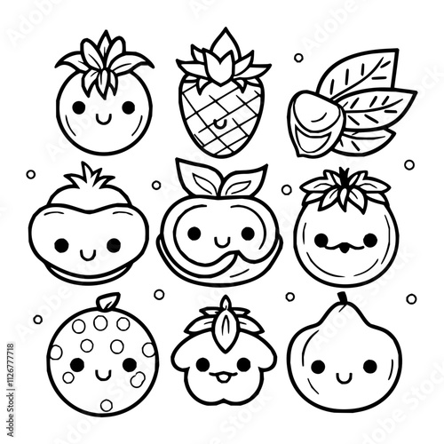 Kawaii fruit, food line art, vector line art, coloring page, cute fruit, clipart