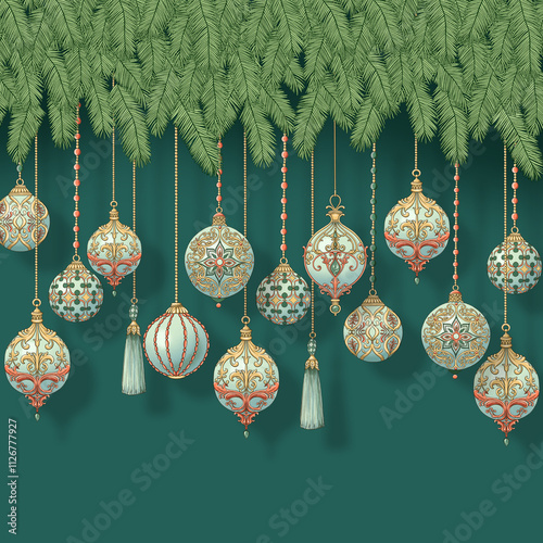 Elegant Christmas ornaments with intricate gold and red patterns, tassels, and beads hang from lush green pine branches against a deep teal background, creating a luxurious festive atmosphere.