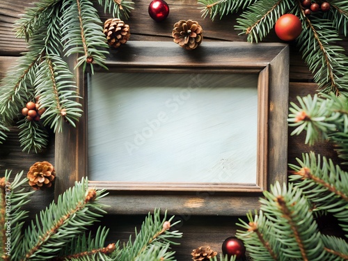 Natural Fir Tree Christmas Frame on White Background