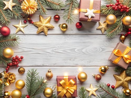Festive Christmas Frame with Fir Branches and Decorations