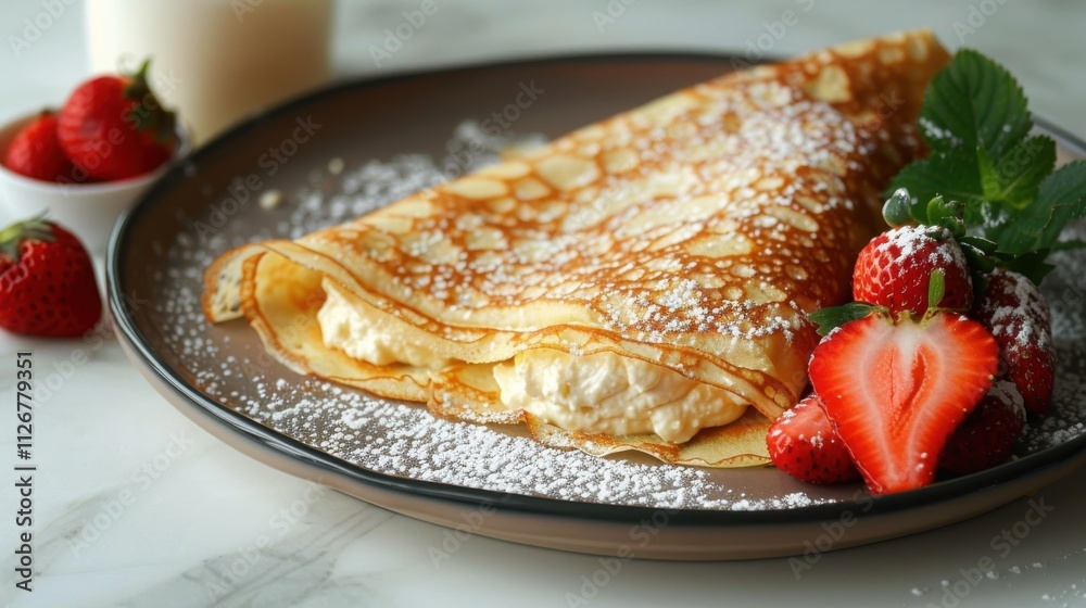 Fluffy crepes brimming with velvety ricotta, garnished with vibrant strawberries on a refined marble table Fluffy crepes brimming with velvety ricotta, garnished with vibrant strawberries on a refined marble table